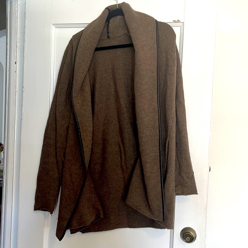 Vince Cashmere Blend leather trim brown cowl neck cardigan